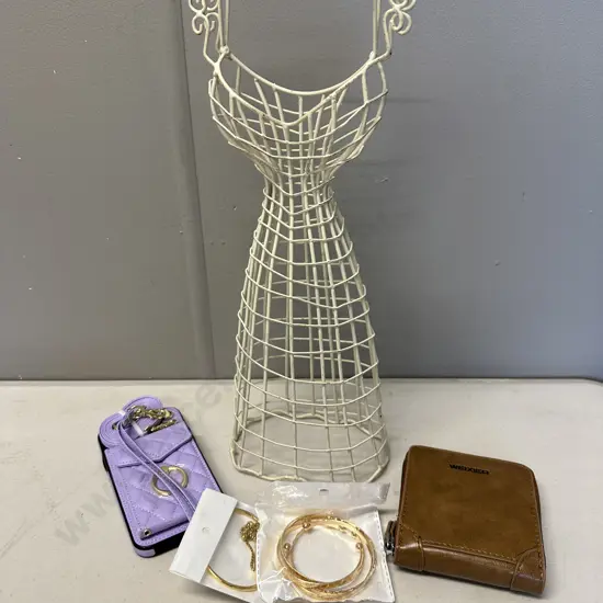 Weixer Tan Coloured Wallet, Purple Phone Case, Gold Colour Jewellery, Cream Wrought Stand