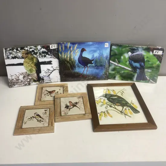 4 Bird Pictures & 3 Framed Tile Coasters
