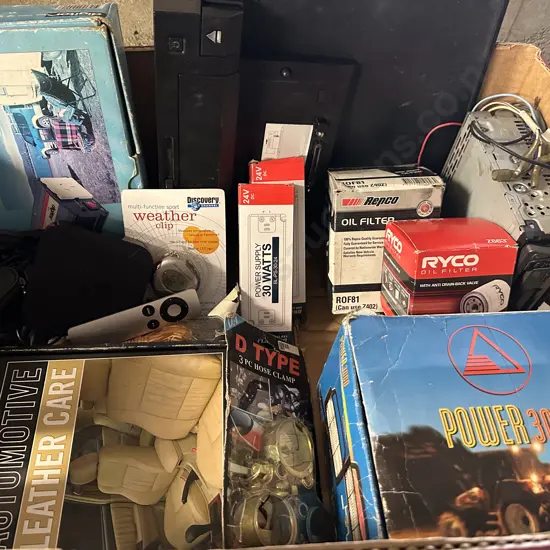 Box Lot Apple TV & Remote, Inverter, Oil Filters, Bulbs Etc
