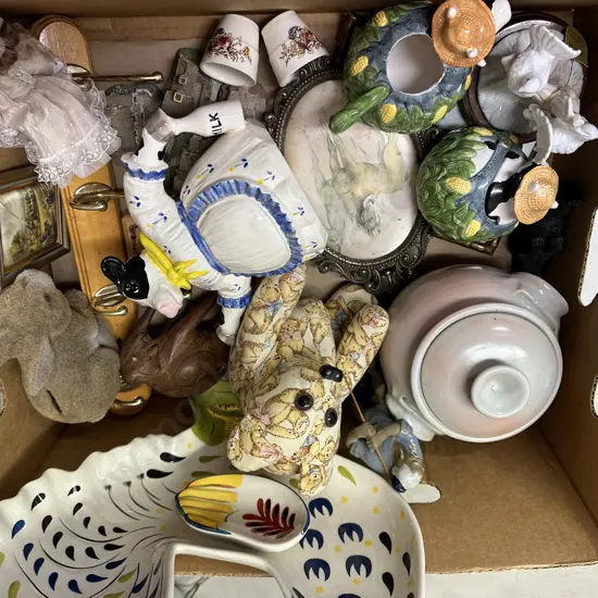 Assorted Vintage Items Including Pictures, Lidded Casserole Dish Etc