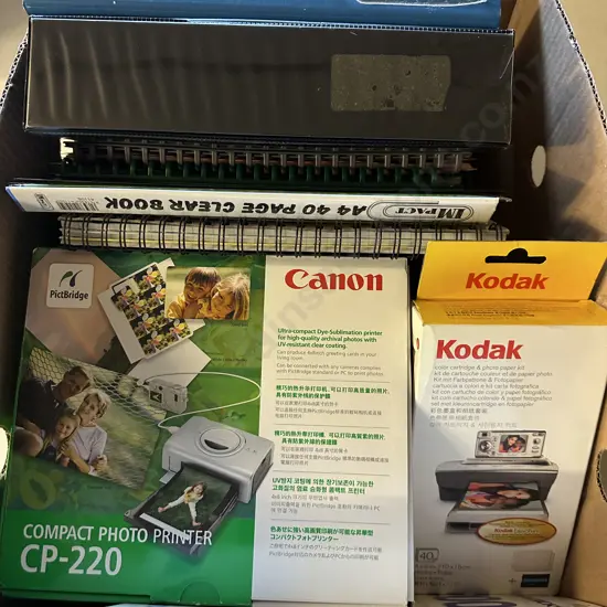 Box Of Stationery Items Including Canon Compact Photo Printer Etc