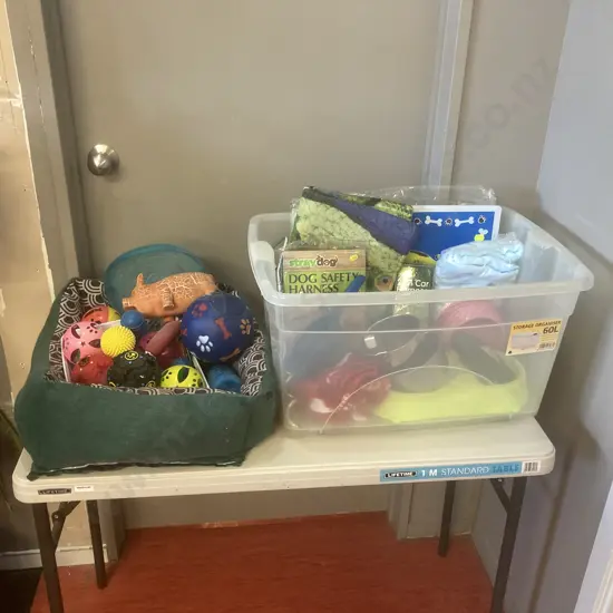 Box Lot Assorted Pet Stuff, Bed & Toys