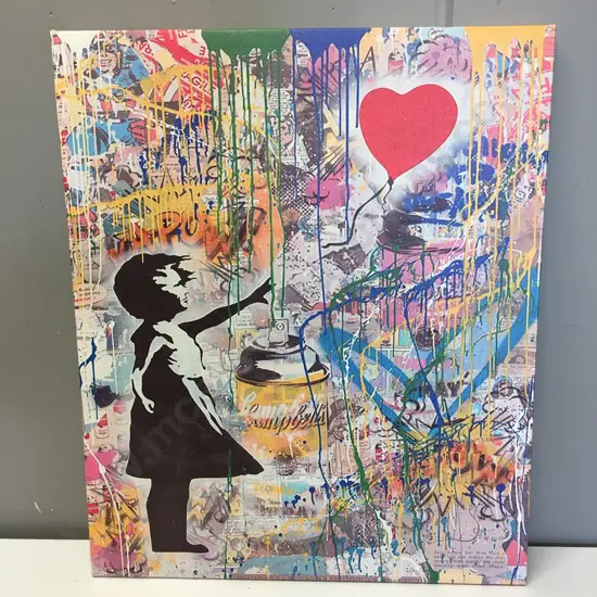 Mix Media Artwork On Canvas 'Mr Brain Wash Balloon Girl' H60cm, W50cm.