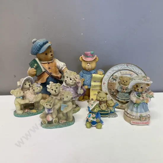Assortment of Ornamental Bear Figurines and Plate