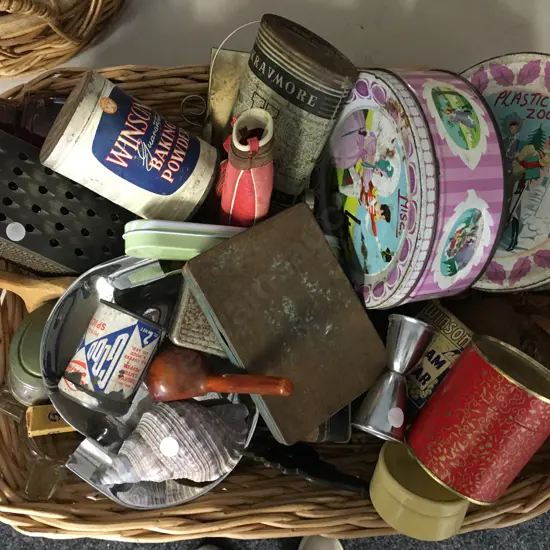 Cane Basket Of Assorted Vintage Items 