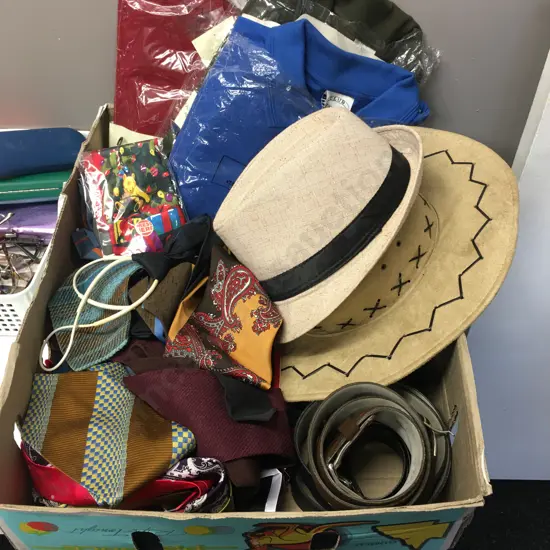 Box Of Assorted Mens Ties, Hats, Belts Etc