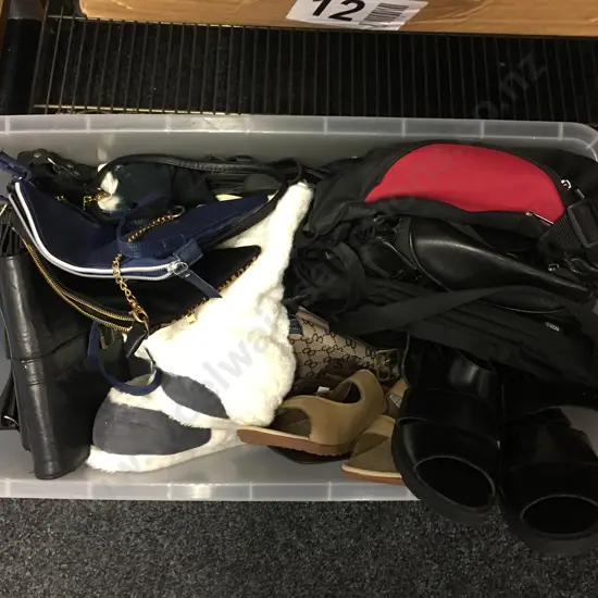 Clear Bin Of Handbags, Slippers Etc