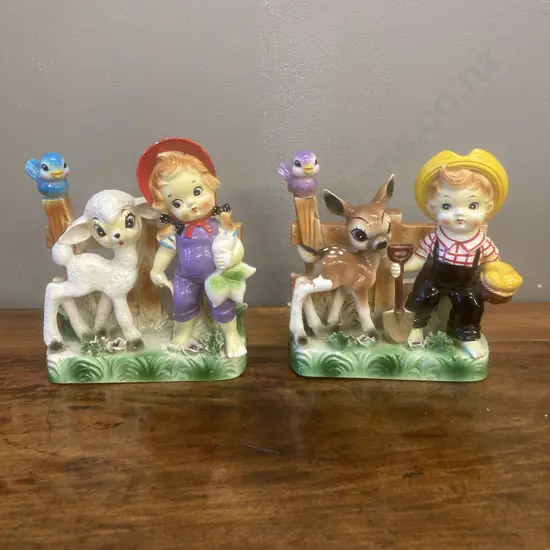 Pair of Vintage 1950s Japan Kitsch Ceramic Figurines Girl With Lamb, Boy With Deer 16 x 15cm (As Found Condition)