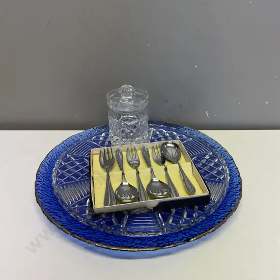 Crystal Platter and lidded jar, blue glass plate, and silver plate sweet cutlery