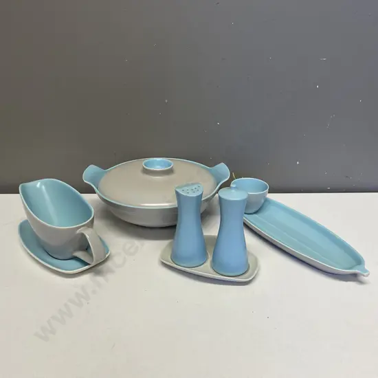 Poole Twin Toned Sky Blue and Grey Lidded Tureen, Salt and Pepper on tray, bowl, cucumber dish, gravy jug and plate