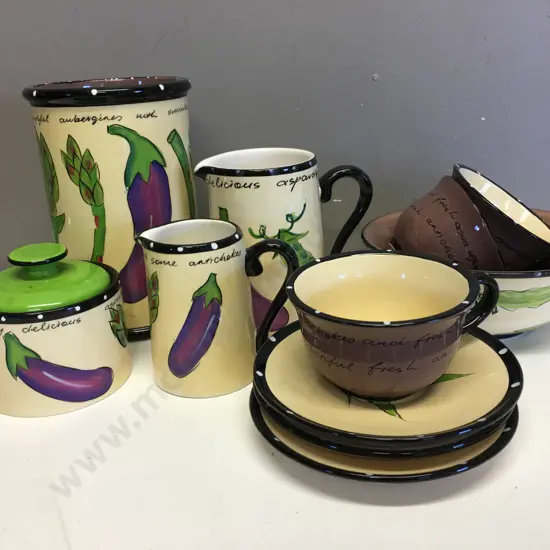 Living Art 'Al Dente' Utensil Holder, Jugs, Sugar Bowl 3 x Cup & Saucers Etc