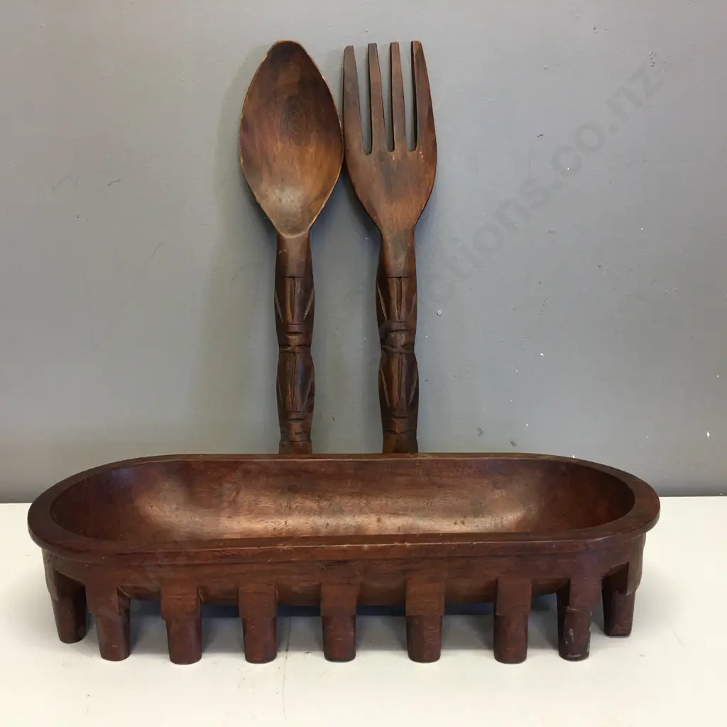 Oval Carved Wooden Bowl & pair of Wooden Utensils Image 1++