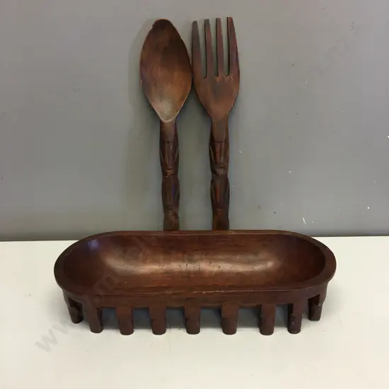 Oval Carved Wooden Bowl & pair of Wooden Utensils