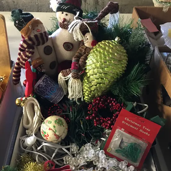 Box Lot Christmas - Lights, Instant Snow, Snowmen Soft Ornaments Etc