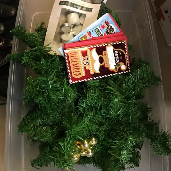 Christmas Garlands, Cards Etc In Plastic Bin With Lid