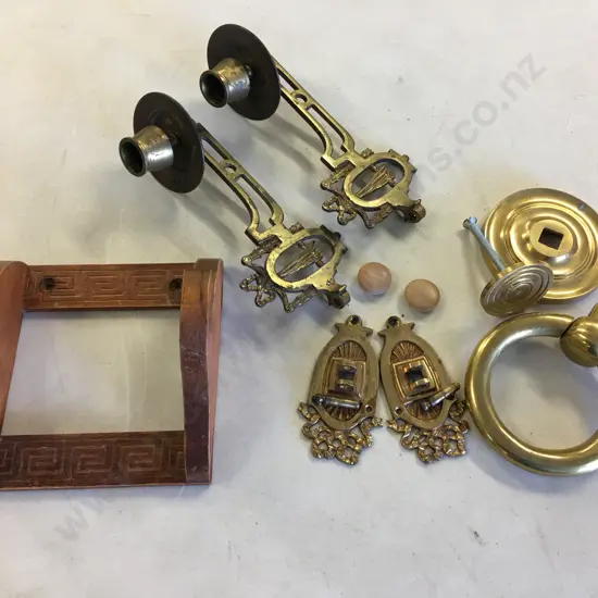 Pair of Brass Piano Candle Sconces, Brass Door Pull & Woodware