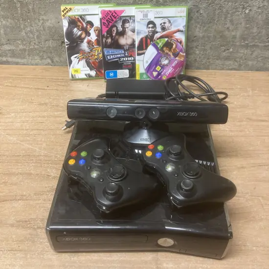 X-Box 360 Console, Black, 2 Controllers, Kinect Camera, 4 Games