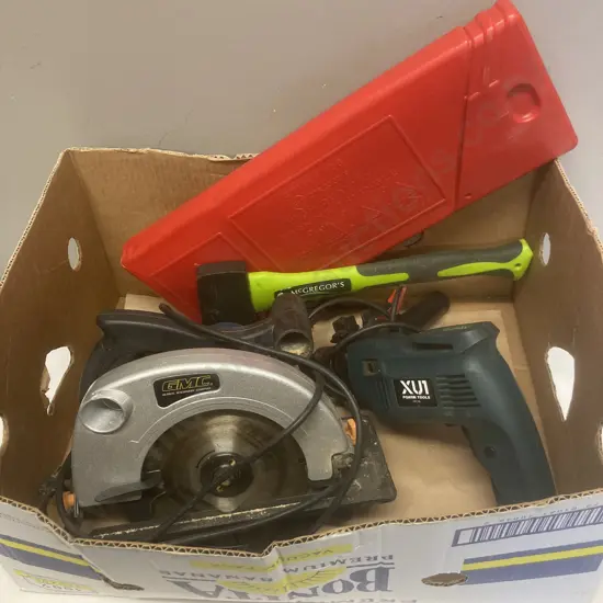 Circular Saw, Electric Drill, Emergency Triangle & Hatchet