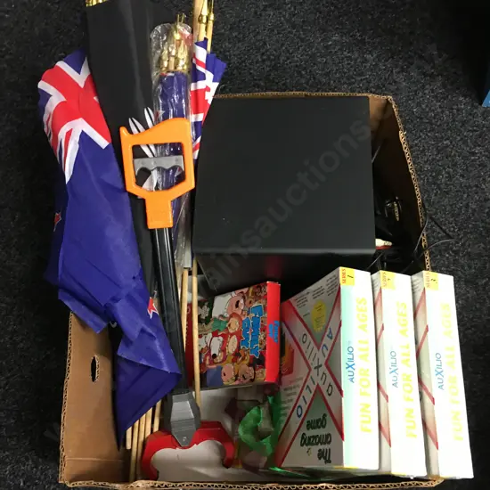 Box Lot Of Logitech, Games, Flags Etc