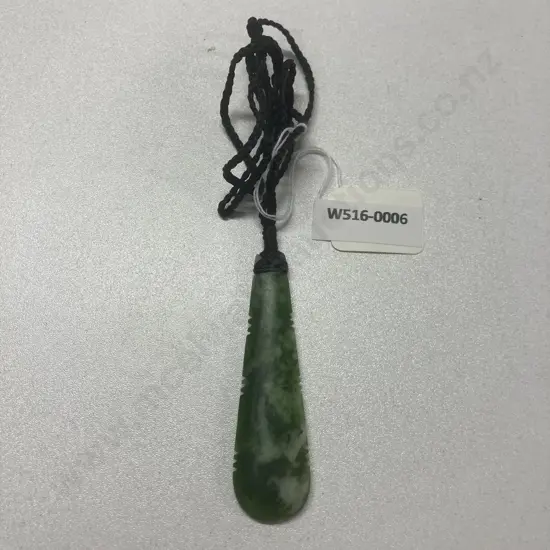 Greenstone Bound Teardrop With Notch Detail & Rounded Base, 7cm, Plaited Black Cord