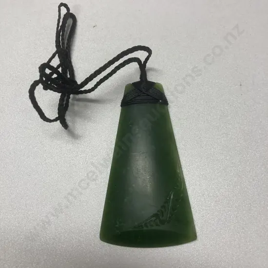 Carved Large Greenstone Toki Pendant, 9cm, Bound Plaited Black Cord