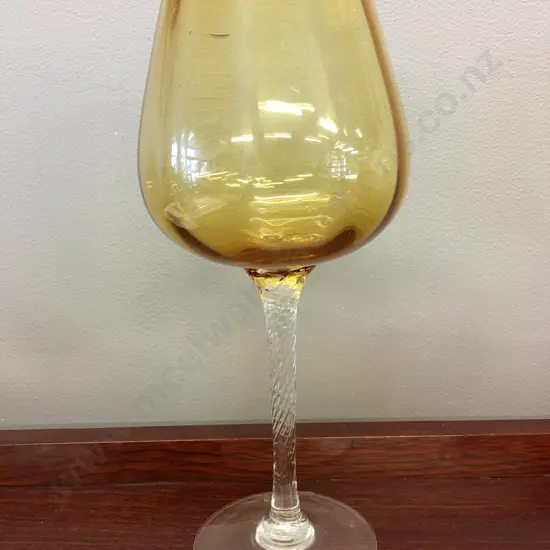 Vintage Amber Brandy Balloon Glass With Twisted Stem H26cm.