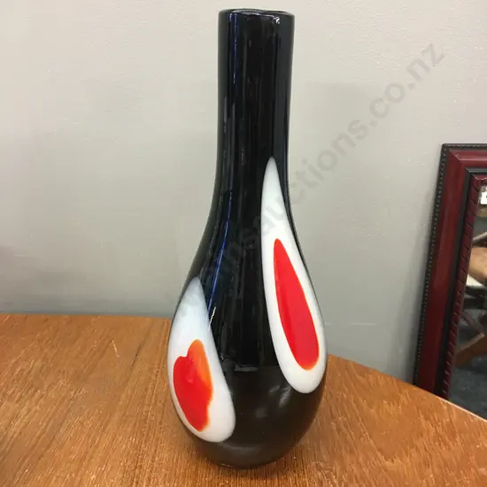 Art Glass Vase Black, White & Orange, H34cm