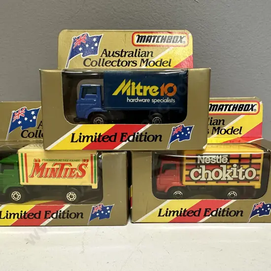 Matchbox Australian Collectors Model MB 72 Delivery Trucks x 3 "Minties" "Mitre 10" & "Nestle Chokito"