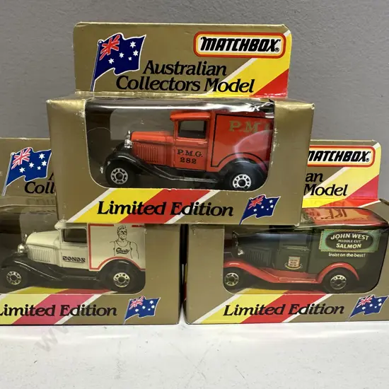 Matchbox Australian Collectors Model MB-38 Model A Vans x 3 "P.M.G." " Bonds" & "John West Salmon"