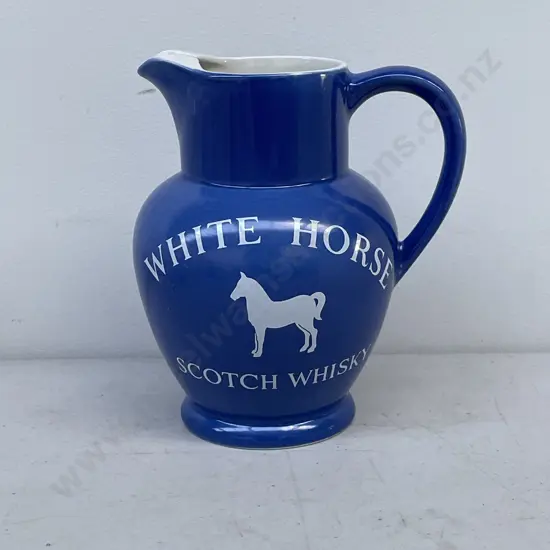 Vintage Kirkham Pottery White Horse Scotch Whisky Blue and White Jug H15.5cm
