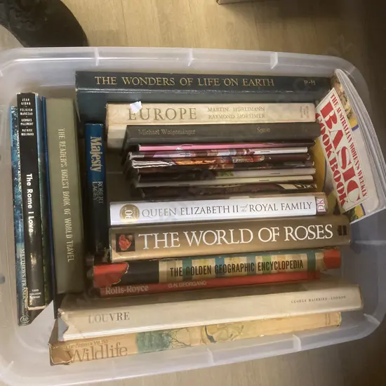 Clear Bin Of Books, Roses, Royalty, Travel Etc (No Commercial Value)