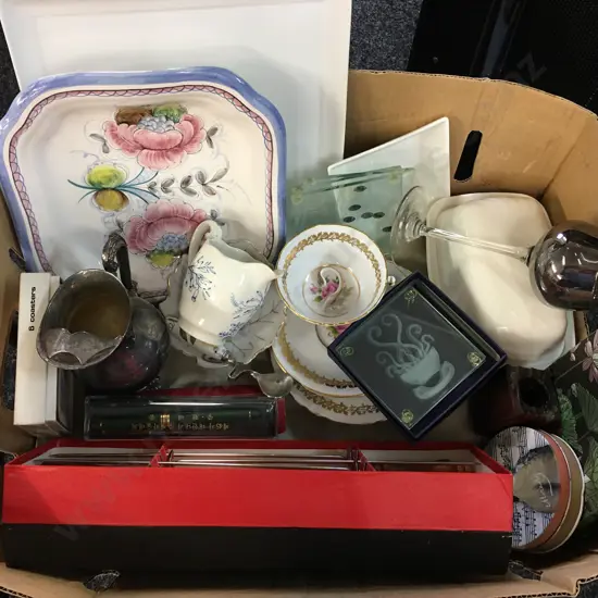 Box lot China & Crockery Items, Aynsley, Coasters Etc