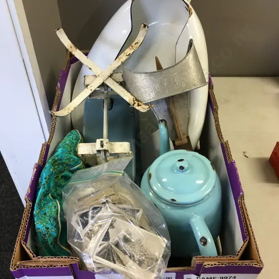 Box Lot Rockham Sweden Enamelware Bed Pan, Cigarette Cards, Teapot, Pan Etc