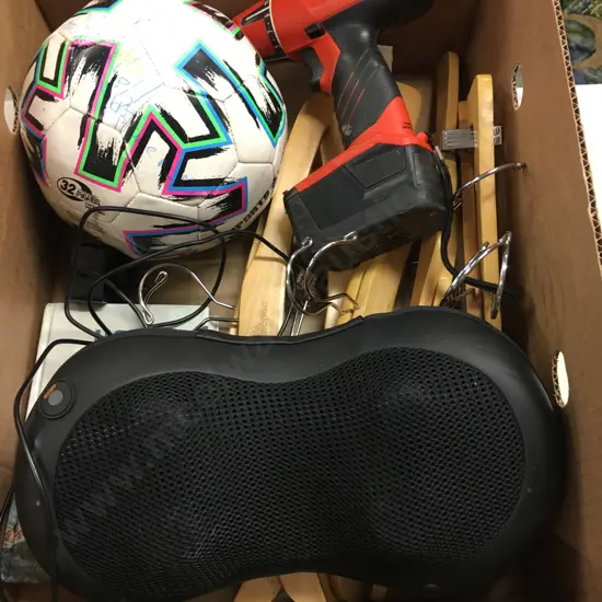 Box Lot Ball, Cordless Drill (No Charger), iRelax Back Massager, Bible, Coat Hangers