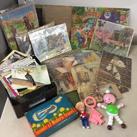 Vintage Assorted Jigsaw Puzzles, Post Cards, Toys Etc