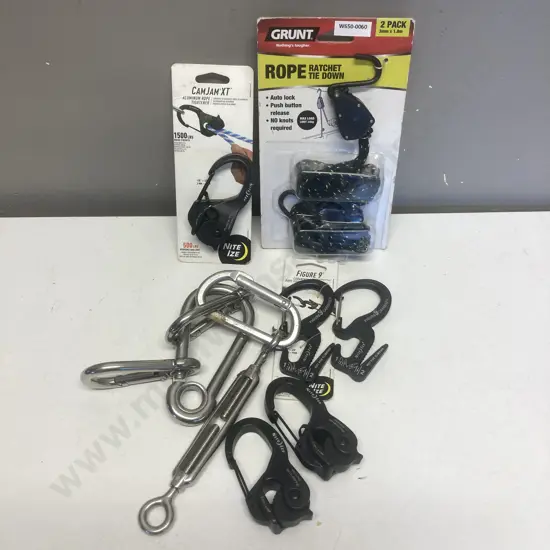 Assorted Night Ize CarJam XT & Figure 9 Rope Tighteners, Grunt Rope Ratchet Tie Down Pack, Stainless Carabiners Etc