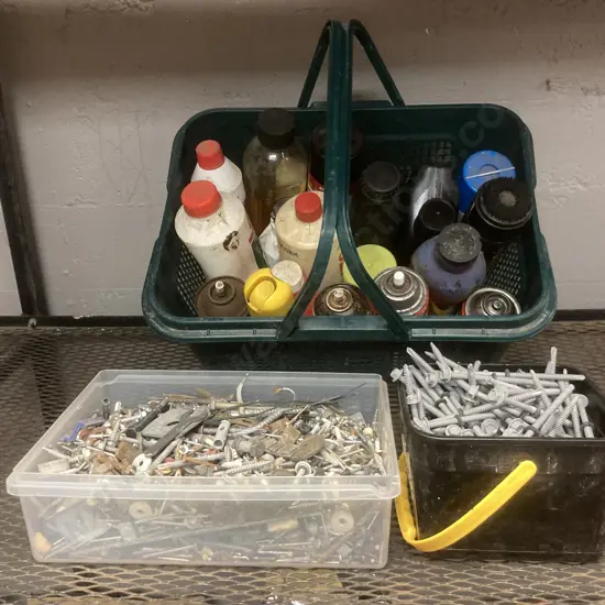 Container Of Tek Screws & Container of Bolts, Screws Etc & Green Basket With Cleaners, Oils Etc