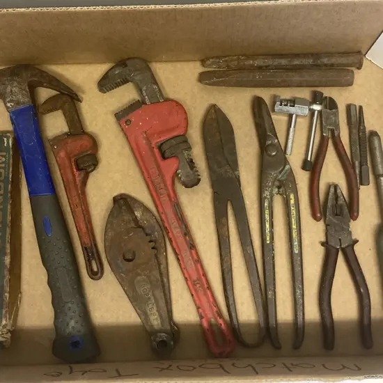 Box Lot Tools, Sharpening Stone, Tin Snips, Pipe Wrenches, Etc