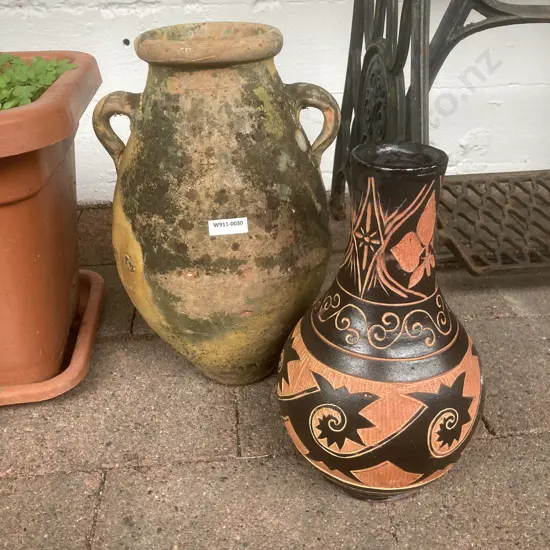 Decorated Terracotta Jug. H29cm And a Double Handled Terracotta Jug. H34cm