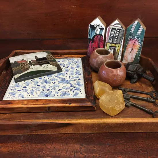Wooden Tray With Kauri Gum, Decorative Keys, Tiles etc