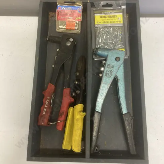 Rivet Guns, Rivets, Tin Snips In Wooden Tray