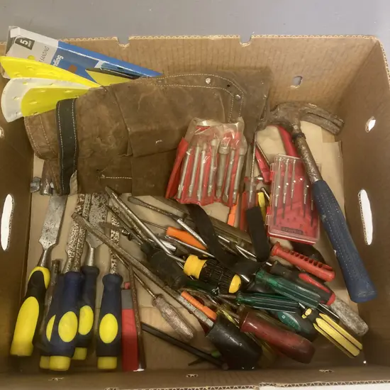 Box lot Tools, Builders Apron, Sanding Sheets Etc