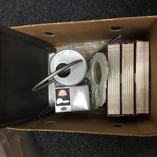 Assorted Items Including Books, Photo Frame Cake Tin Etc