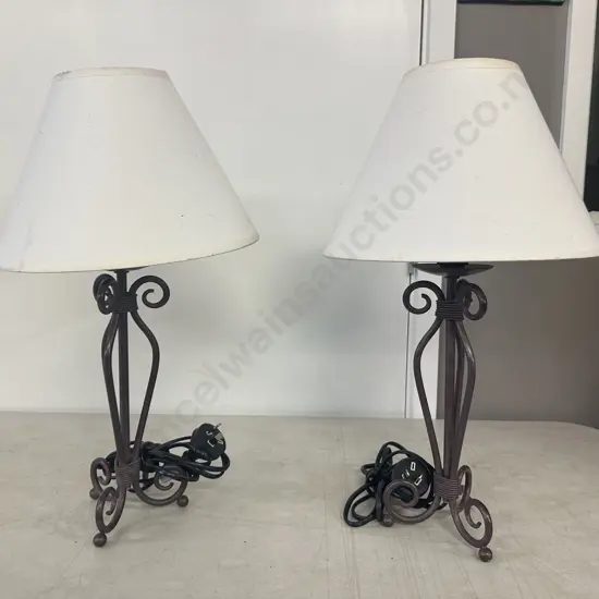 Pair of Table Lamps, Wrought Ornate Base & Cream Shades. H45cm