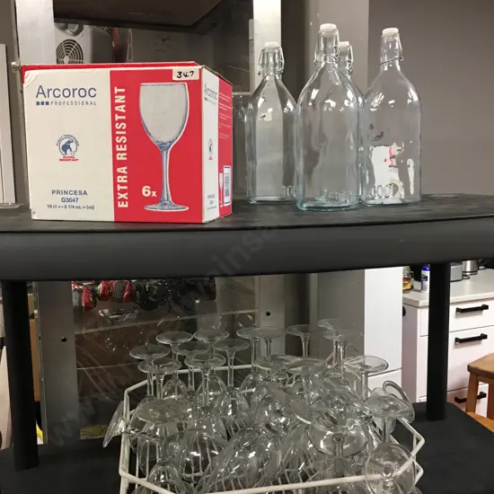 28 Stemmed Glasses in Tray & Boxed Wine Glasses, Boxed Princesa Glasses & 4 Clip Top Glass Bottles