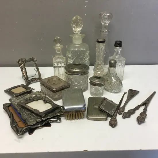 Assorted Vintage Decanters, Bottles, Photo Frames Etc