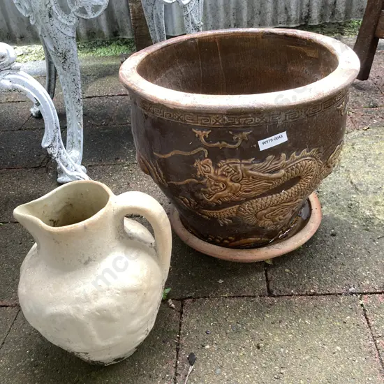 Plant Pot With Raised Dragon Detail (27 x 30cm) & Pottery Jug