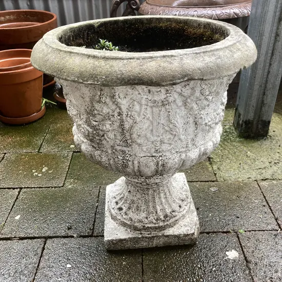 Concrete Urn On Pedestal. 49 x 42cm