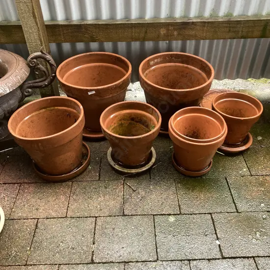 Lot of 7 Terracotta Plant Pots, Saucers ( 2 Stuck Together)