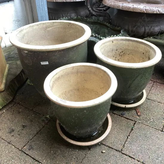 Set of 3 Green & Cream Glazed Graduated Plant Pots